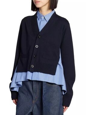 Sacai sweater Poplin Knit Cardigan navy blue white striped shirt-effect hem